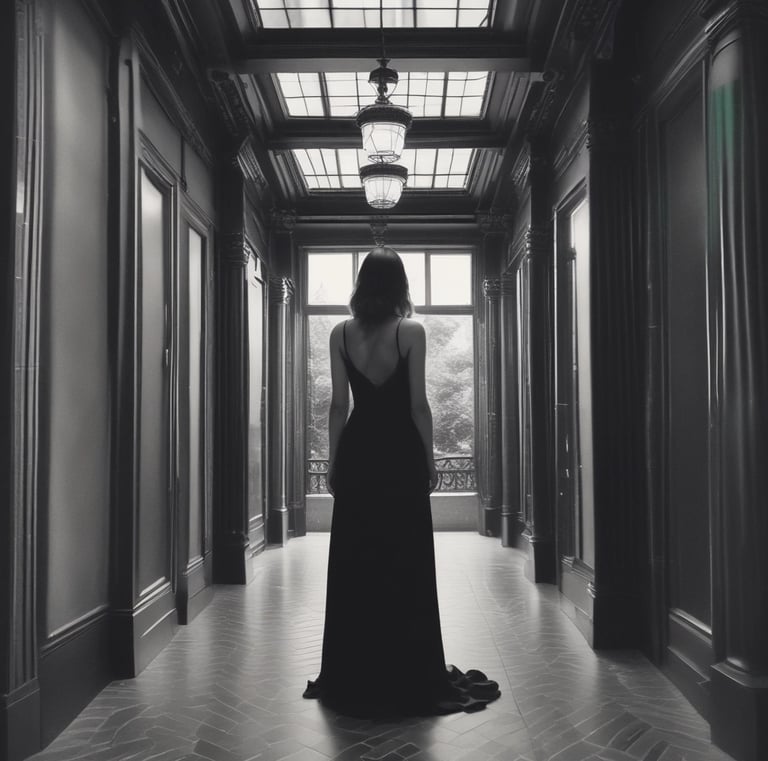 a woman in a black dress standing in front of a building