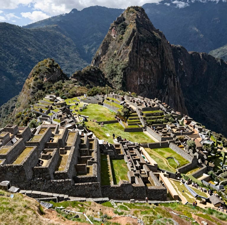Andean mountain panorama at sunrise with terraced fields glowing in soft light.