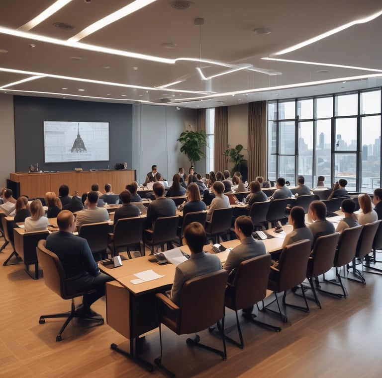 Wide shot of workspace bathed in warm light highlighting efficiency and professionalism.