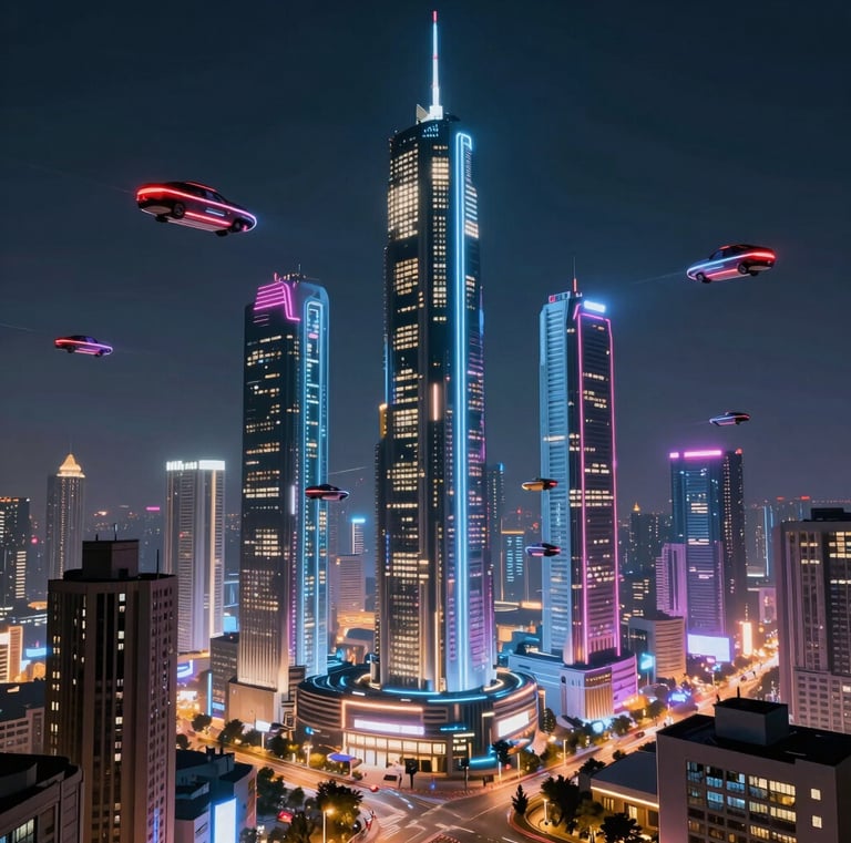A nighttime shot of a dealership illuminated with cars outside, emphasizing 24/7 chat support availability.