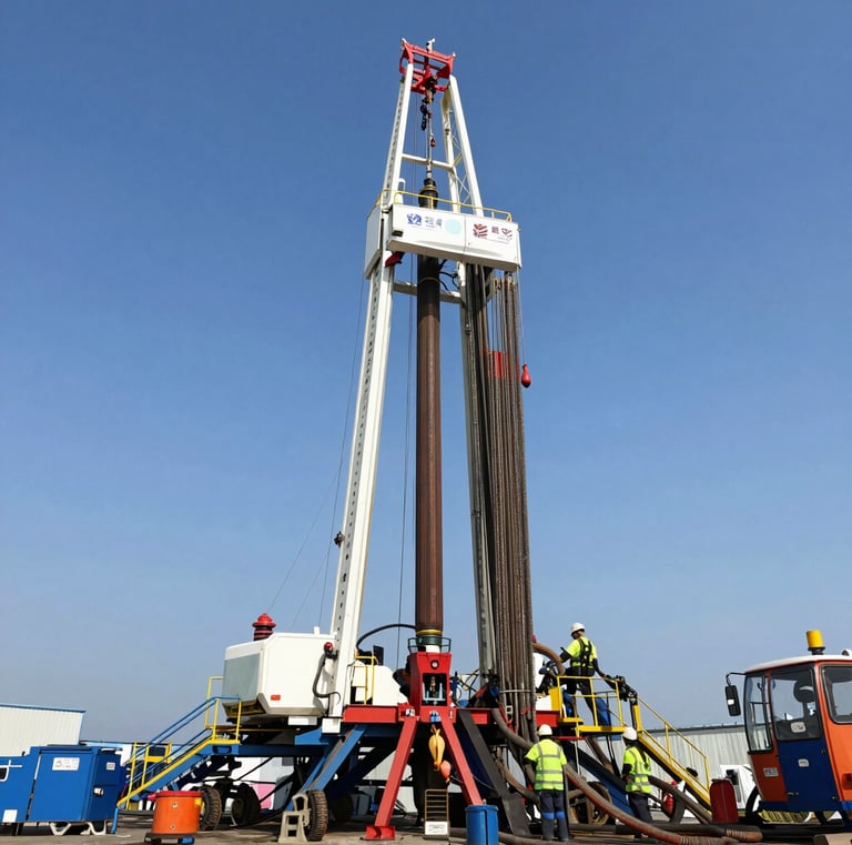 A sturdy drilling rig towering against a clear blue sky in an African oilfield.