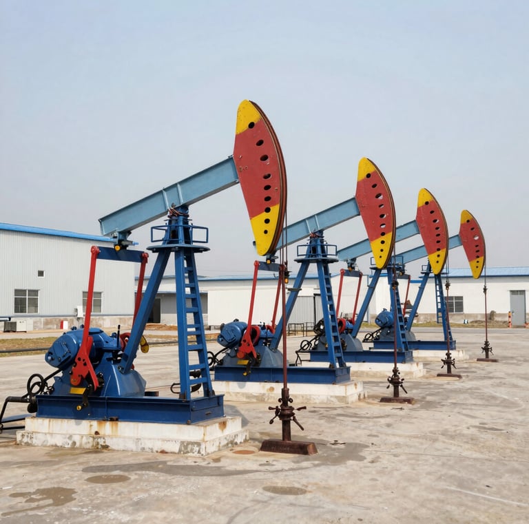 Technicians performing maintenance on a large oilfield pump under bright daylight.