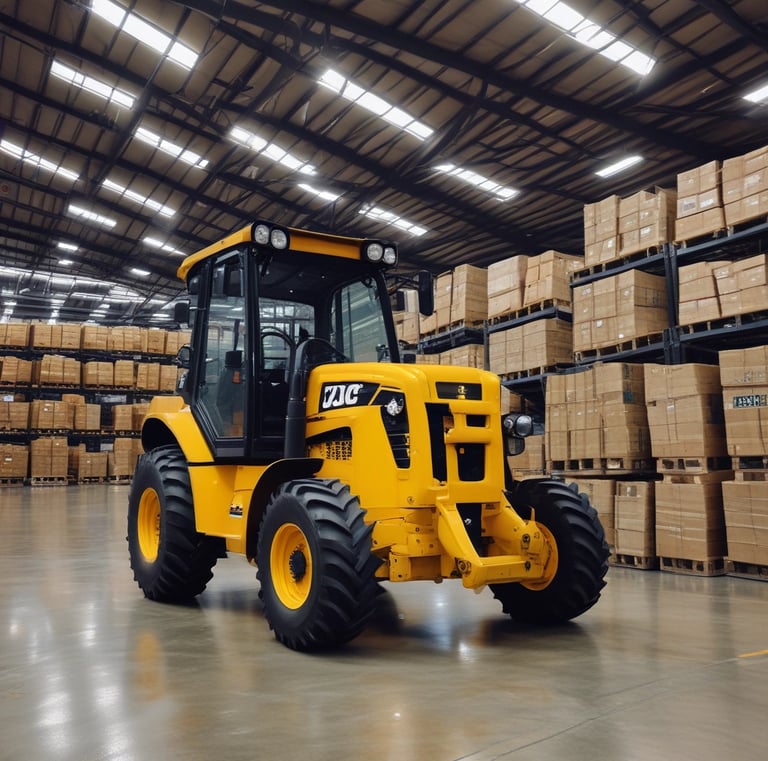 Photo of heavy-duty construction equipment lined up outside a modern warehouse in the UAE.