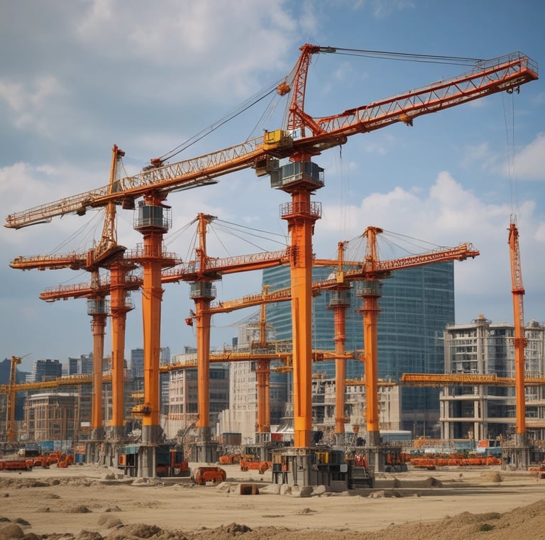 A fleet of blue-green cranes poised in the desert landscape ready for hire.