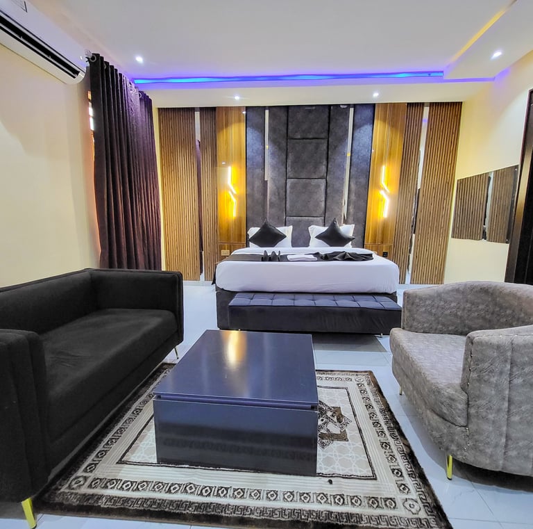 Cozy guest room featuring state-of-the-art interior furniture.