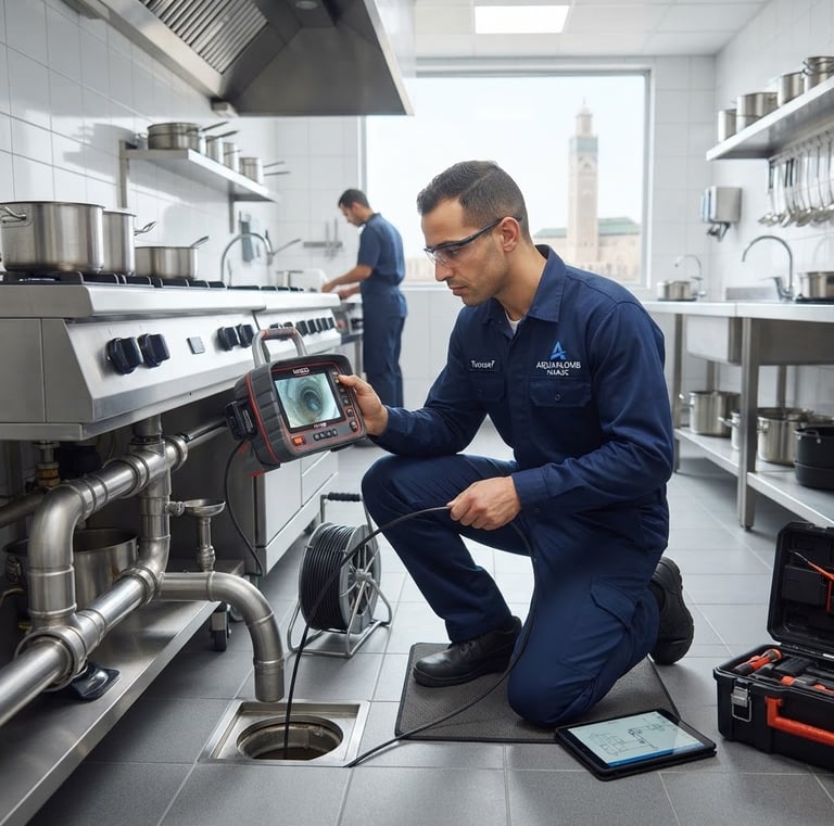 Professional uniformed plumber technician operating advanced diagnostic equipment in a clean, modern commercial kitchen in Casablanca, crisp editorial photography, bright natural daylight, clean blue and white tones, sharp focus, professional depth of field, wide shot