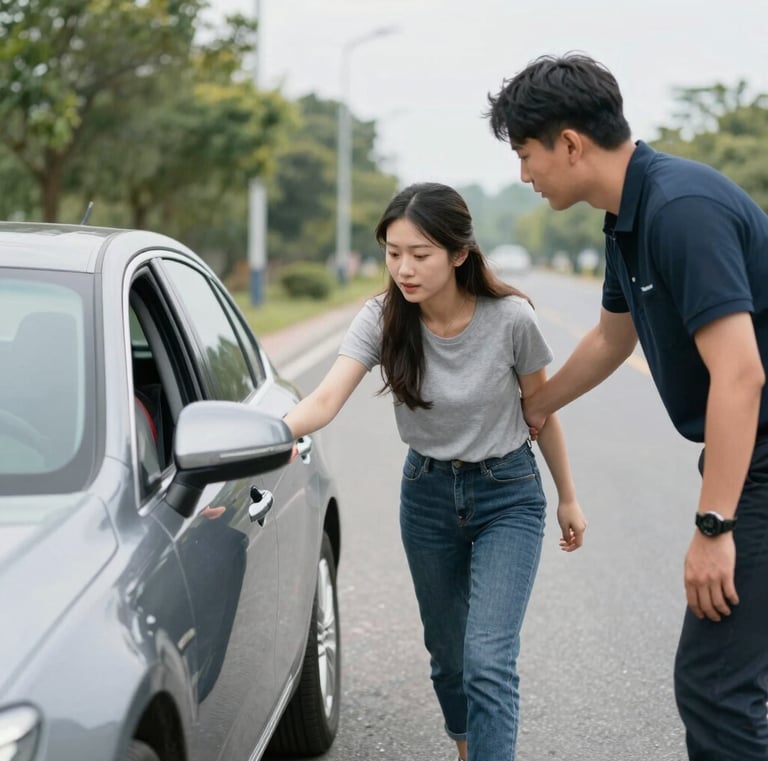 Bilingual Monroe Road Rescue staff assisting a driver locked out of their vehicle with calm professionalism.