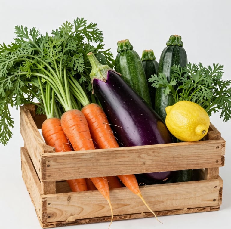 A rustic basket overflowing with assorted colorful vegetables on a wooden table.
