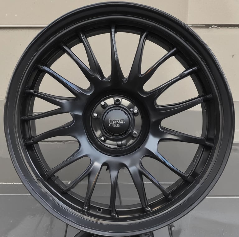 Close-up of a freshly powder-coated set of custom car wheels gleaming under shop lights.