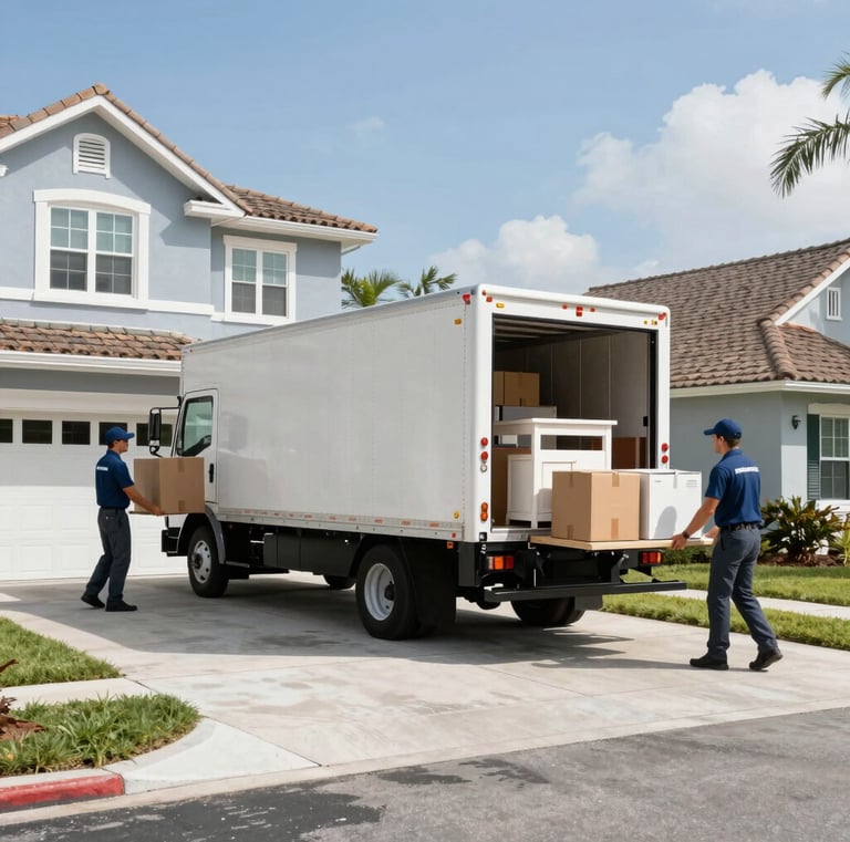A branded moving truck parked outside a residential house ready for loading