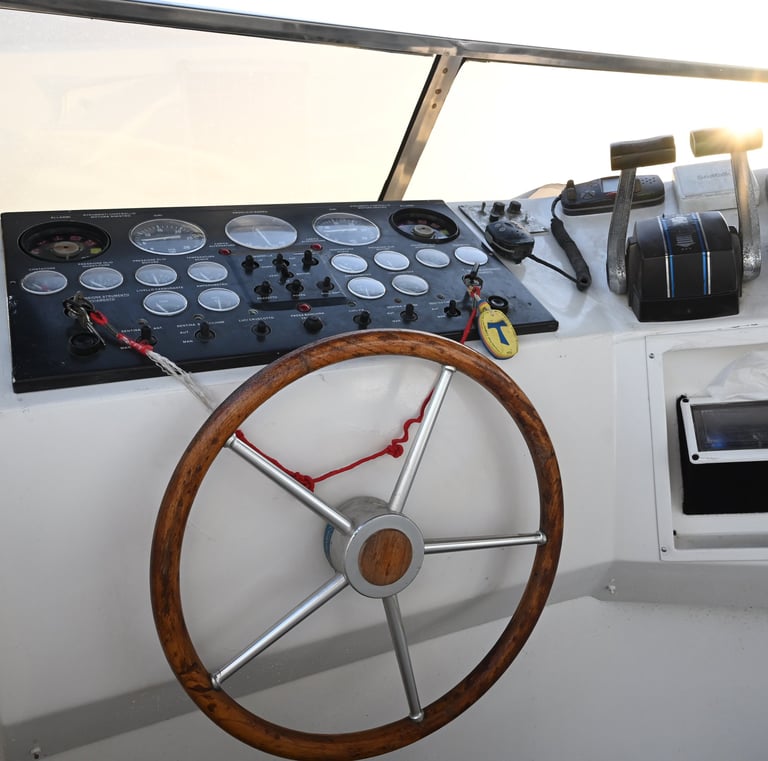 a steering wheel of a boat with a steering wheel