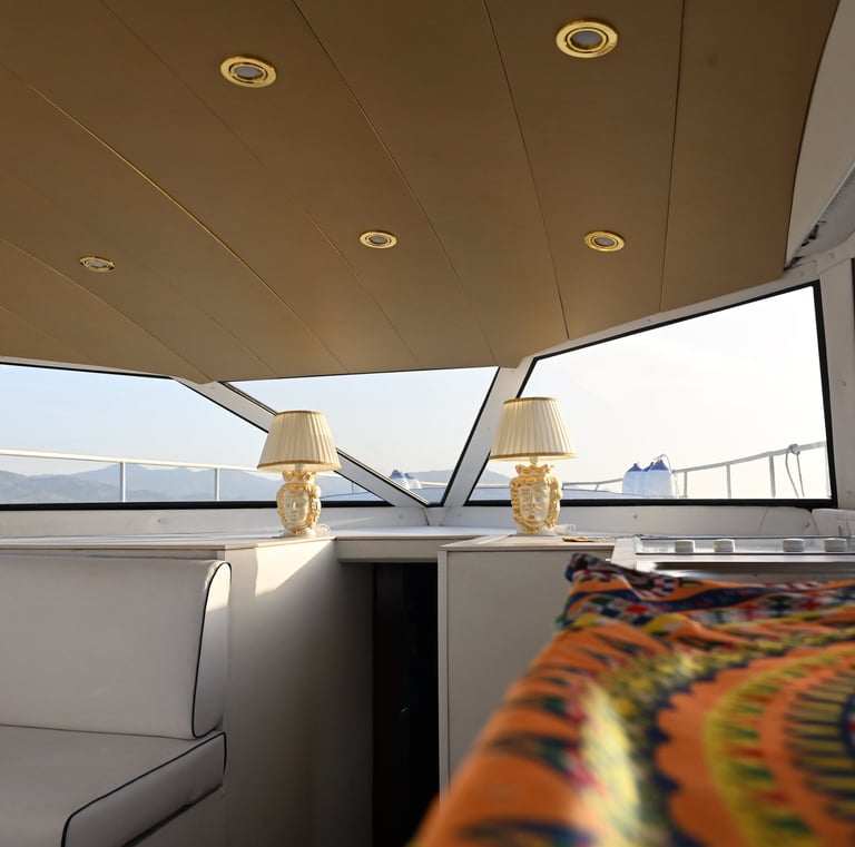 a couch and a table in a boat