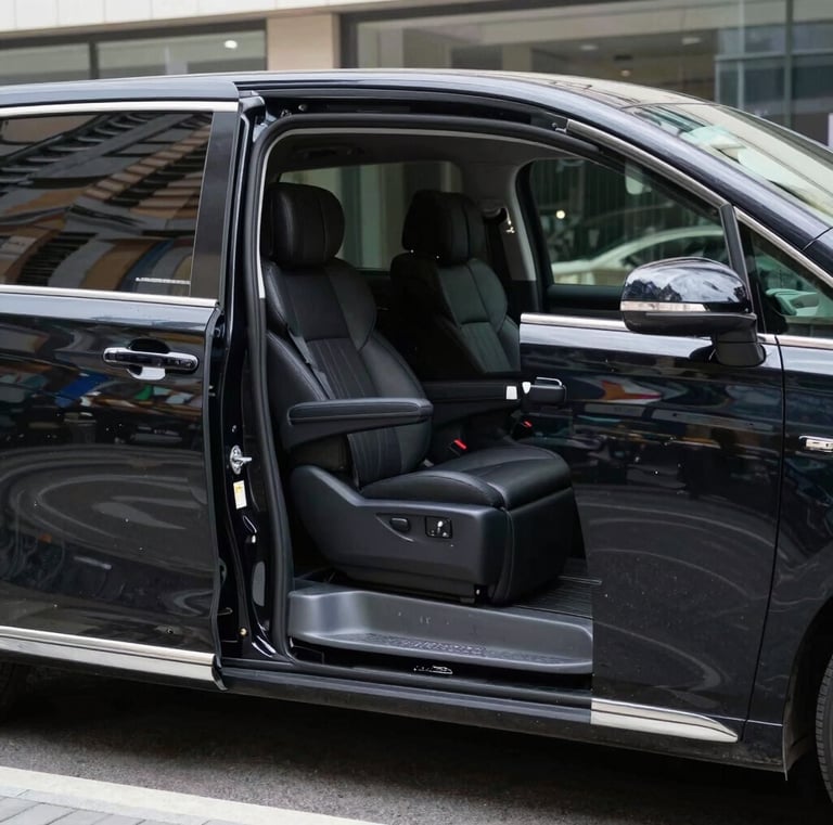 A smiling Chinese couple enjoying a comfortable ride inside a spacious vehicle with city views.