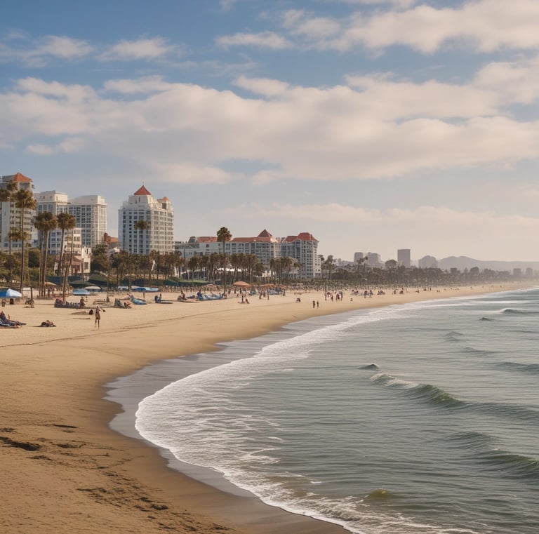 Golden sunset over a quiet Southern California beach with gentle waves.