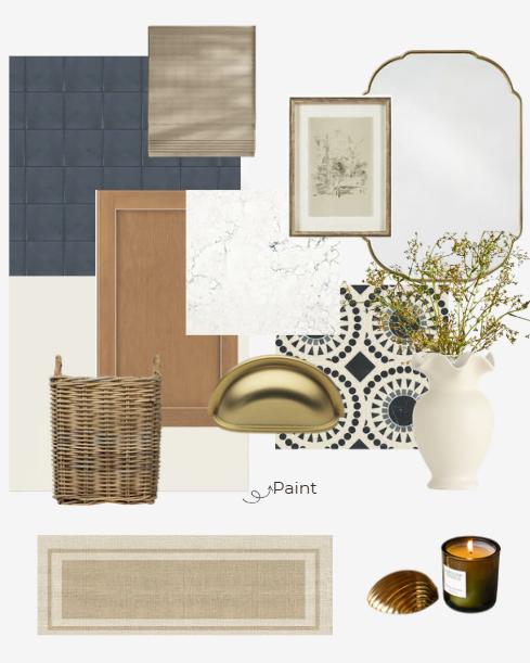 Interior design mood board featuring navy tiles, wood cabinets, marble countertops, and gold hardware for a modern kitchen.