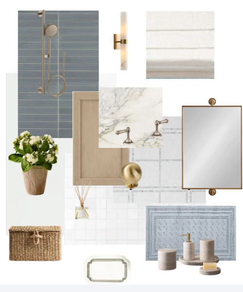Modern bathroom mood board featuring marble textures, gold hardware, blue tiles, and natural wicker accents.