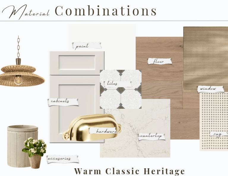Mood board showing warm classic heritage kitchen materials including shaker cabinets, marble countertops, and brass hardware.