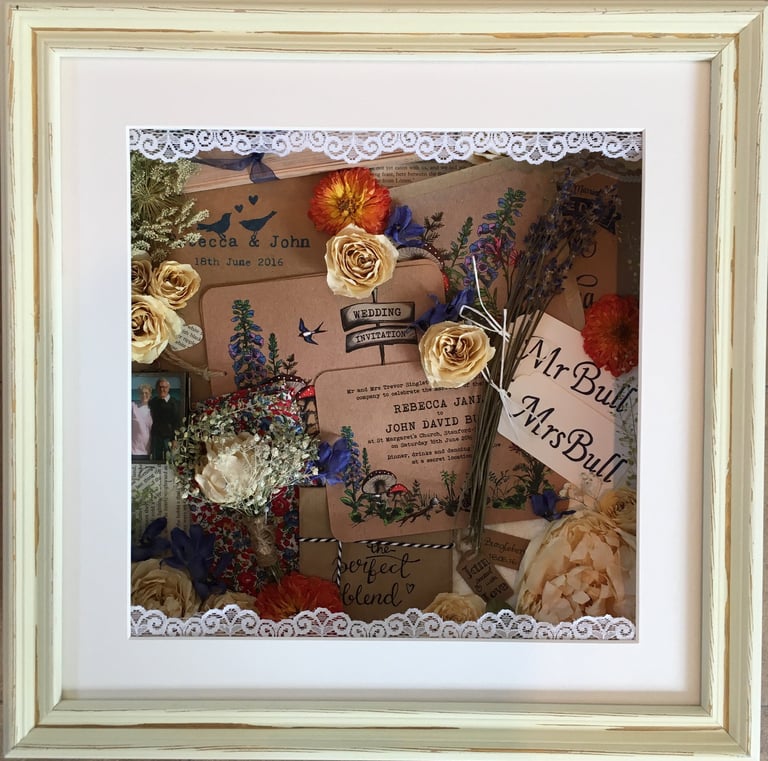 memory box of wedding items, preserved flowers and lace