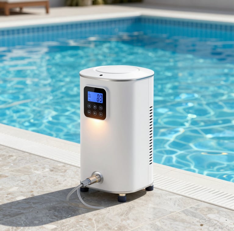 An electric pool heater installed beside a sparkling backyard pool on a warm day.