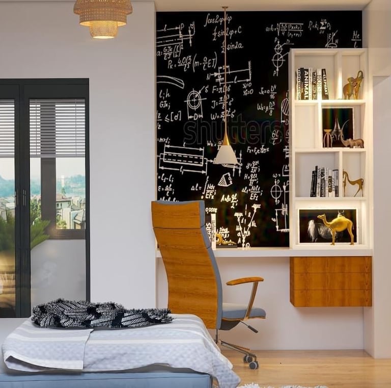 a bedroom with a desk and a chair, kids study room, study table