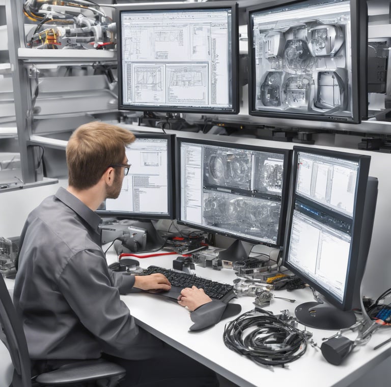 A close-up view of a green circuit board featuring a prominent black microchip with metallic pins. The microchip has white alphanumeric markings on its surface, and the surrounding area displays various circuit patterns and solder points.