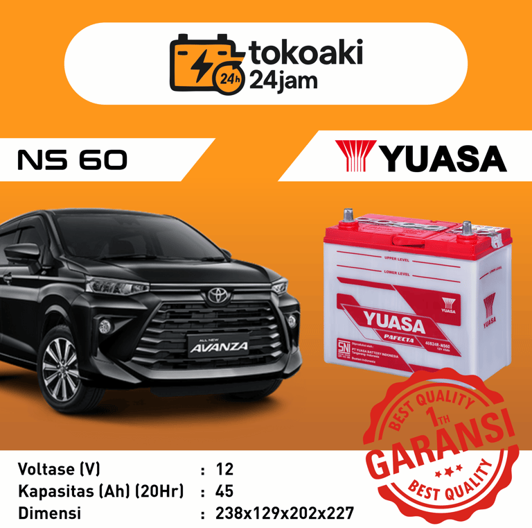 Toko Aki 24 Jam Surabaya | Aki Accu Mobil YUASA NS 60 Toyota Avanza Veloz Surabaya