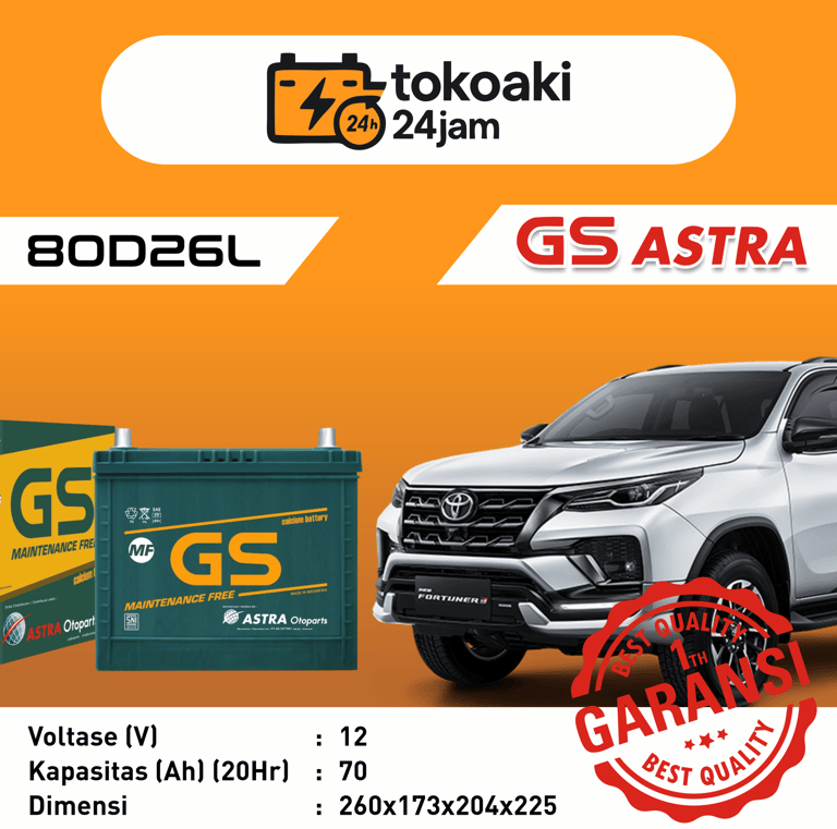 Toko Aki 24 Jam Surabaya | Aki Accu Mobil GS Astra 80D26L MF Toyota Fortuner Surabaya