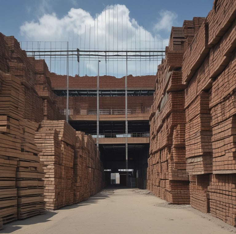 A person stands in an industrial or storage area, surrounded by building materials including wooden pallets, bricks, and a traffic cone. There is a shopping cart nearby and stacks of various construction materials like tiles and sacks are visible in the background.