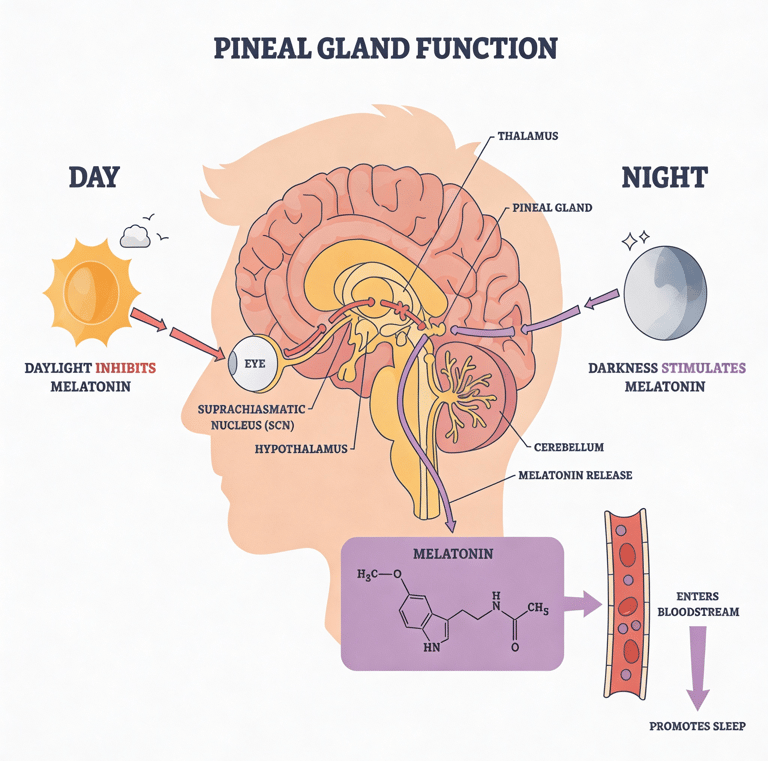 Pineal gland function diagram showing day and night melatonin production and circadian rhythm 