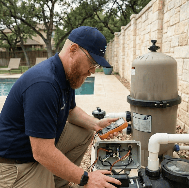 A professional pool technician inspects a pool pump and filter system during a repair diagnostic in Central Texas.