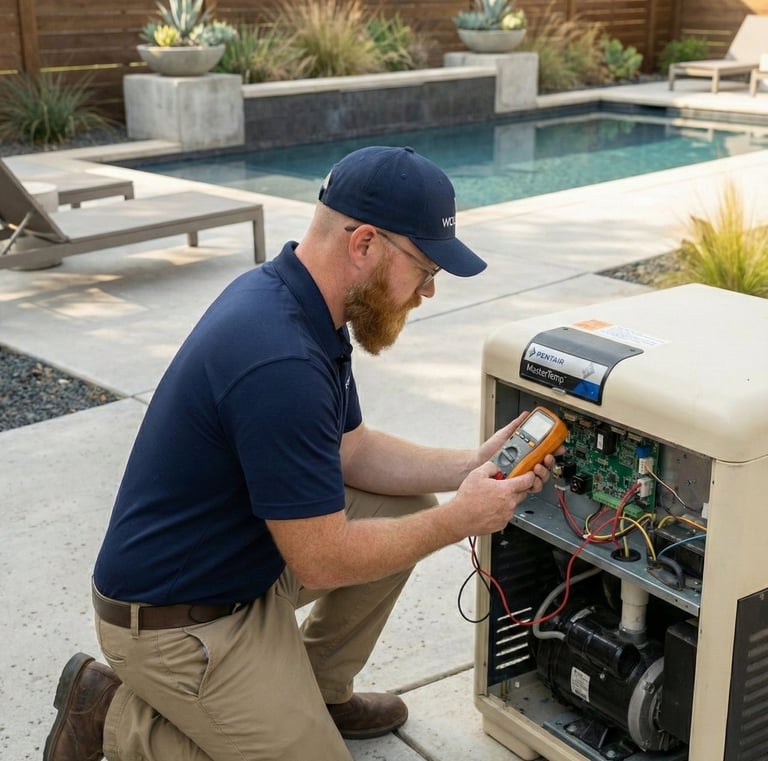Pool Pool technician diagnosing a pool heater to identify the root cause of heating failure