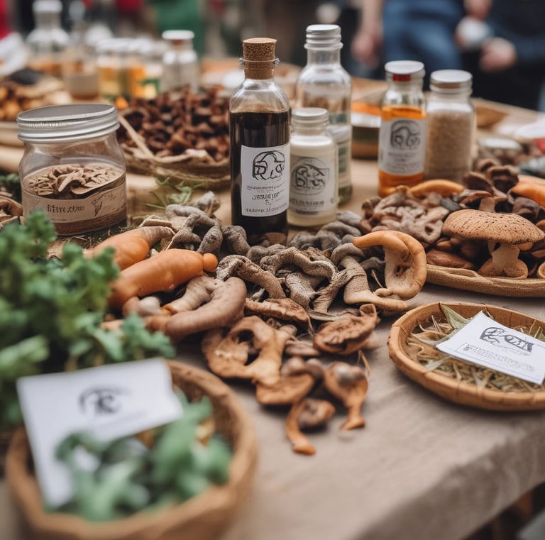 Hand holding a glass jar filled with herbal tinctures on a wooden table.
