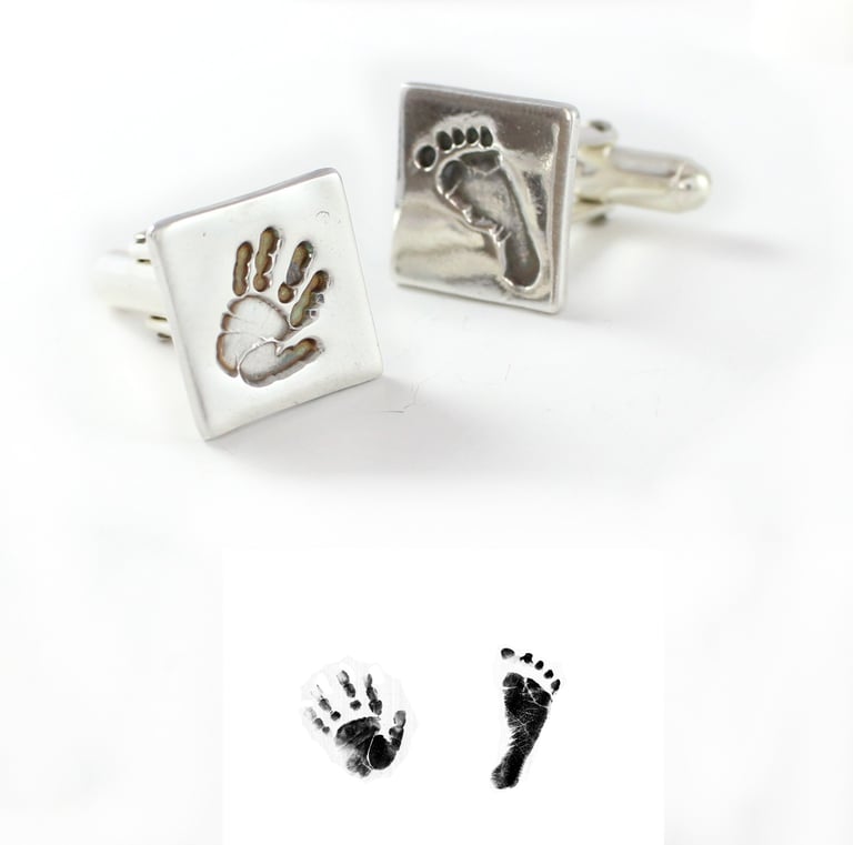 Children's hand and footprints pressed onto sterling silver personalised cufflinks