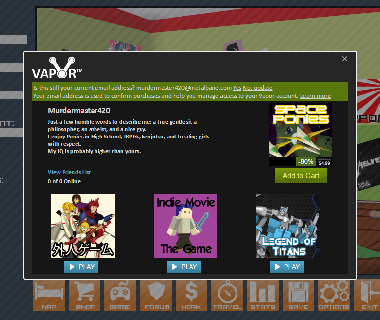 Fedorable Life screenshot of the gaming screen popup called Vapor Games