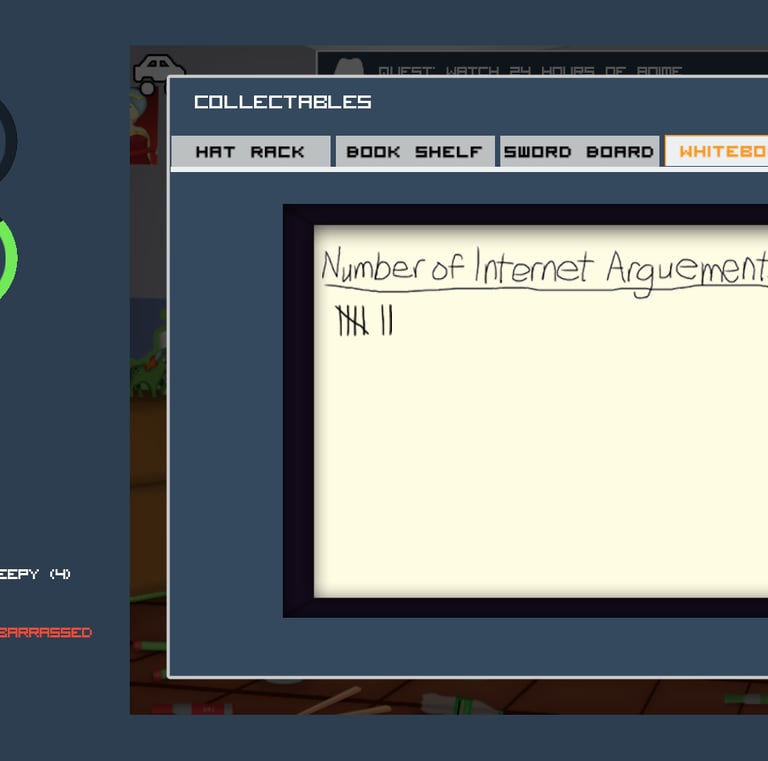 Collectibles menu in Fedorable Life showing items earned throughout the comedy neckbeard simulator.