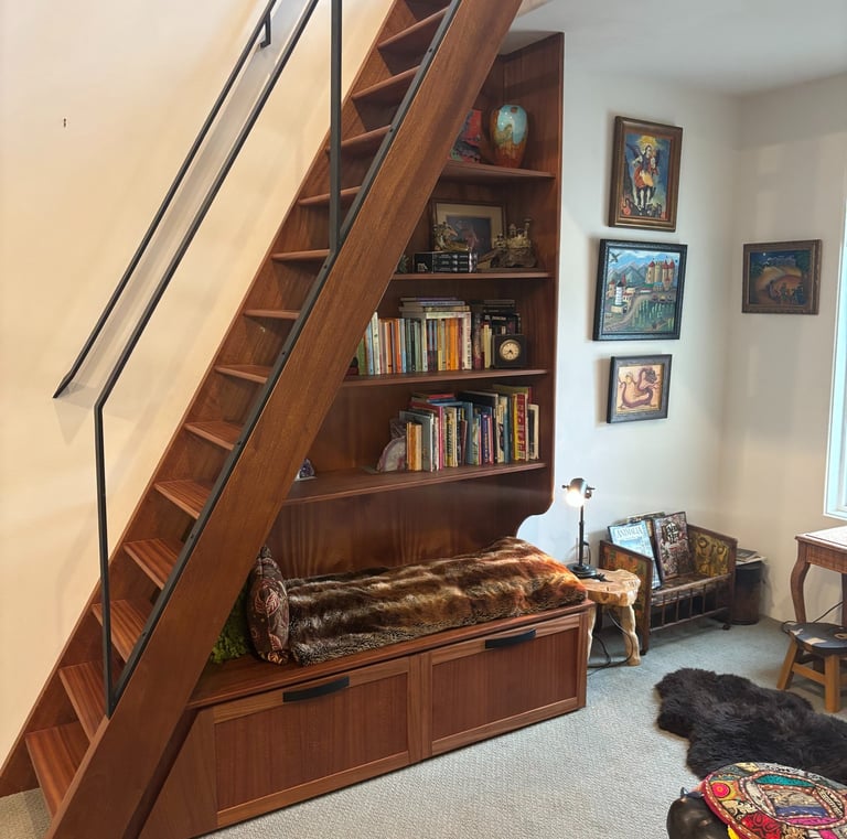 Sapele ladder stair and custom reading nook/ bookcase