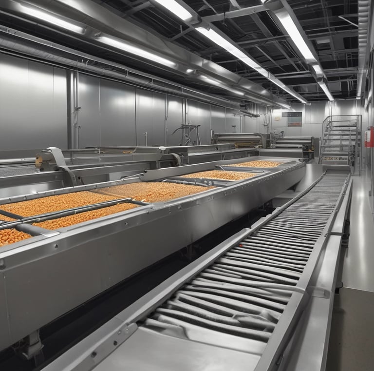 A large industrial train workshop with high ceilings, showcasing a train car undergoing maintenance. The space is organized with various tools and equipment scattered around, along with workers in the background attending to their tasks. The lighting is bright, with overhead lights reflecting off the metallic surfaces.