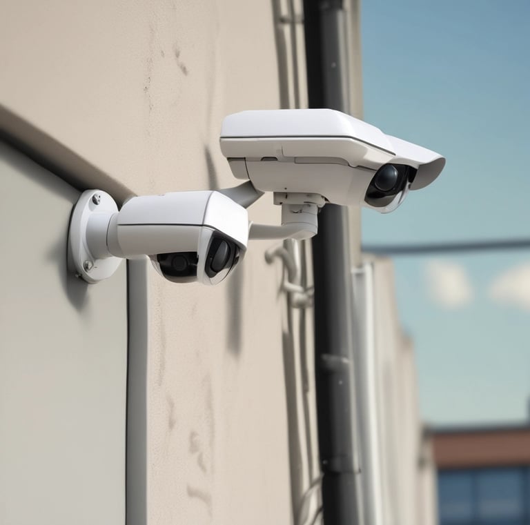 Surveillance monitors displaying multiple camera feeds in a control room.
