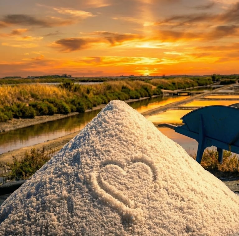 Cœur dessiné à la main dans un tas de fleur de sel de Guérande, symbolisant l'amour et l'action solidaire