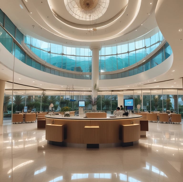 A multi-story building with various business signs and advertisements, including healthcare-related establishments like dental and surgical clinics. The structure has a modern facade with windows and air conditioning units. Parked cars and a motorcycle, as well as a cyclist, are visible on the street. The sky is clear with a few clouds.