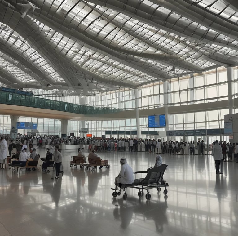 A spacious airport terminal corridor featuring a high, curved ceiling with large windows for natural light. Signs for international departures, immigration, and health services are prominently displayed. People are seen walking and pulling luggage, and a coffee shop is located to the left. The area has a modern design with patterned flooring.