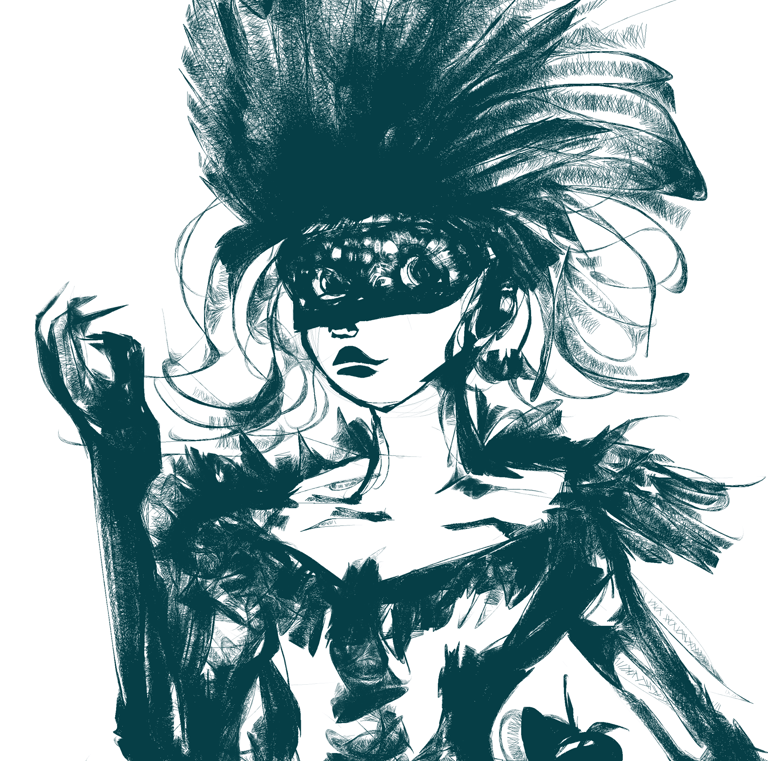 a woman in a feathered hat and a mask
