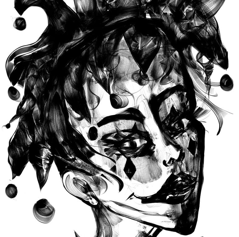 a black and white drawing of a woman's face
