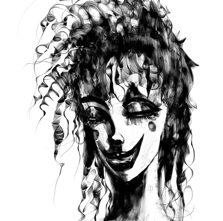 a black and white drawing of a woman with curly hair