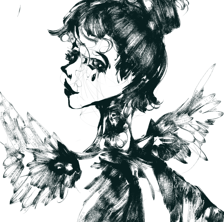 a drawing of a woman with  bird wings on her shoulder
