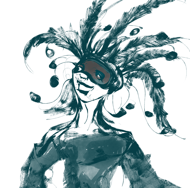 a woman in a mask and feathers