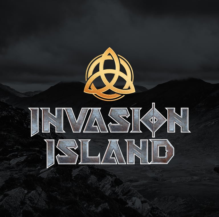 a black and gold logo with the words invasion island