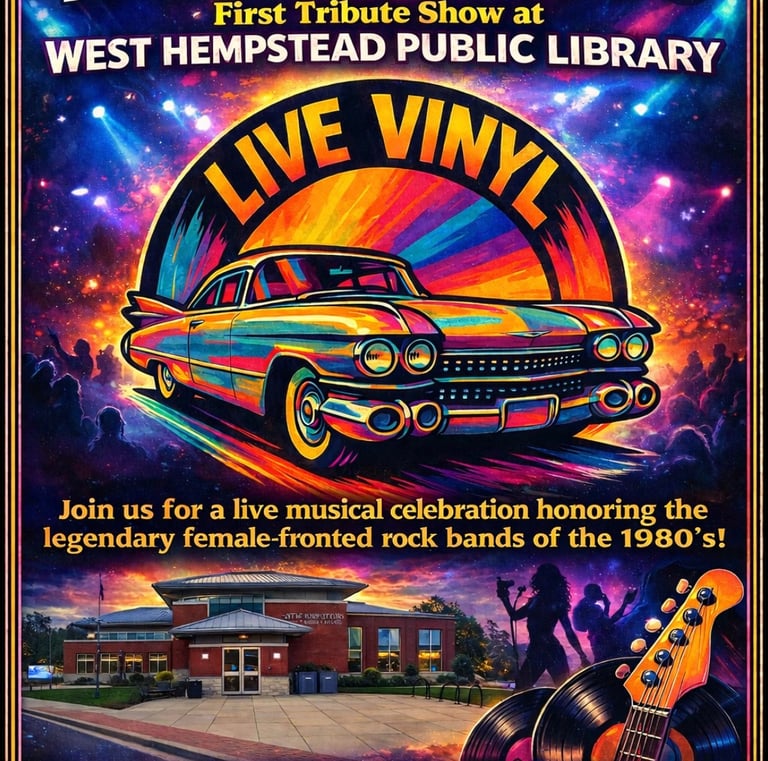 Poster for Ladies Who Rocked the 80s tribute concert at West Hempstead Public Library featuring Live Vinyl.