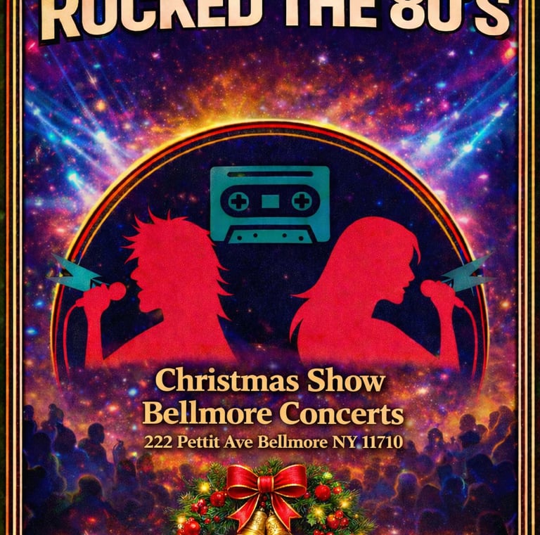 Poster for Ladies Who Rocked the 80s Christmas Show at Bellmore Concerts featuring female rock silhouettes.
