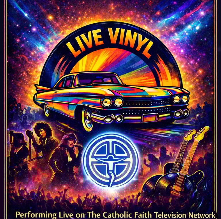 Retro poster for Ladies Who Rocked the 80s concert featuring a colorful classic car and neon galaxy background.